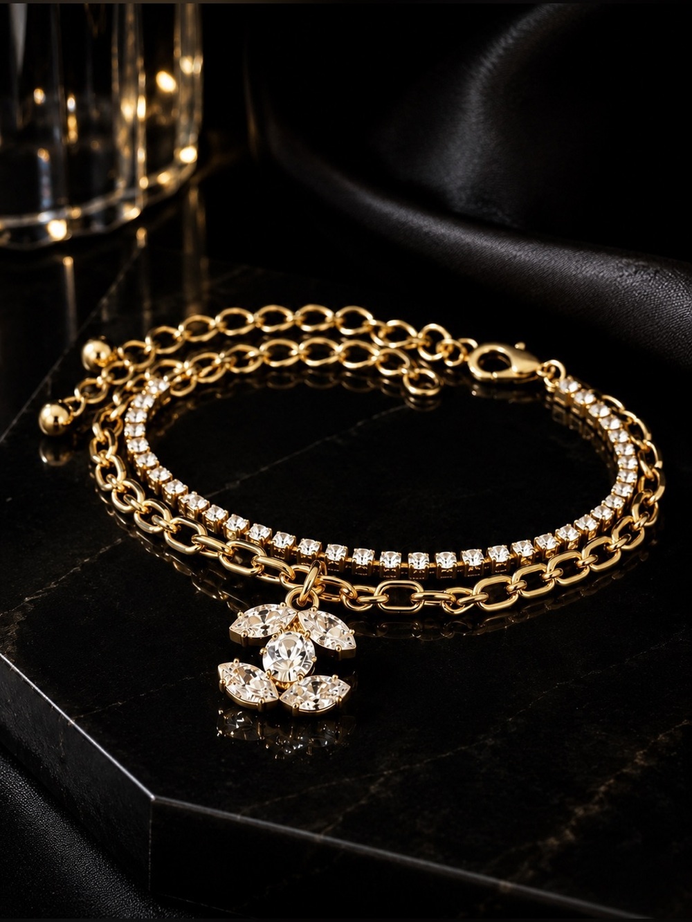 Gold Crystal CC Charm Bracelet Set